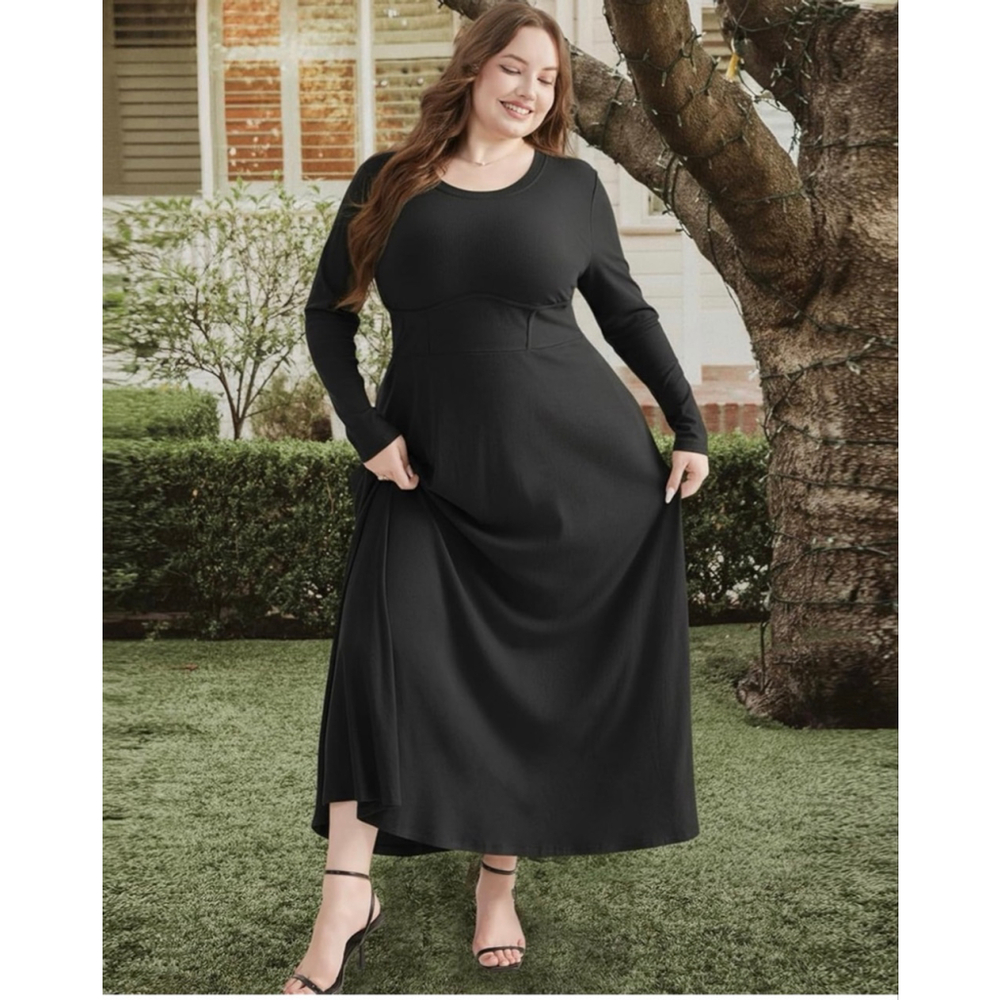 NEW Black Ribbed Plus Size Long Sleeve Loose Ribbed Maxi Dress XL - Picture 7 of 8